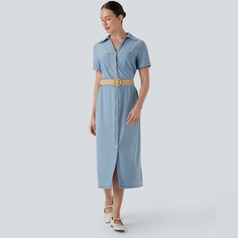 Halara Flex™ Short Sleeve Denim Midi Casual Dress with Pockets